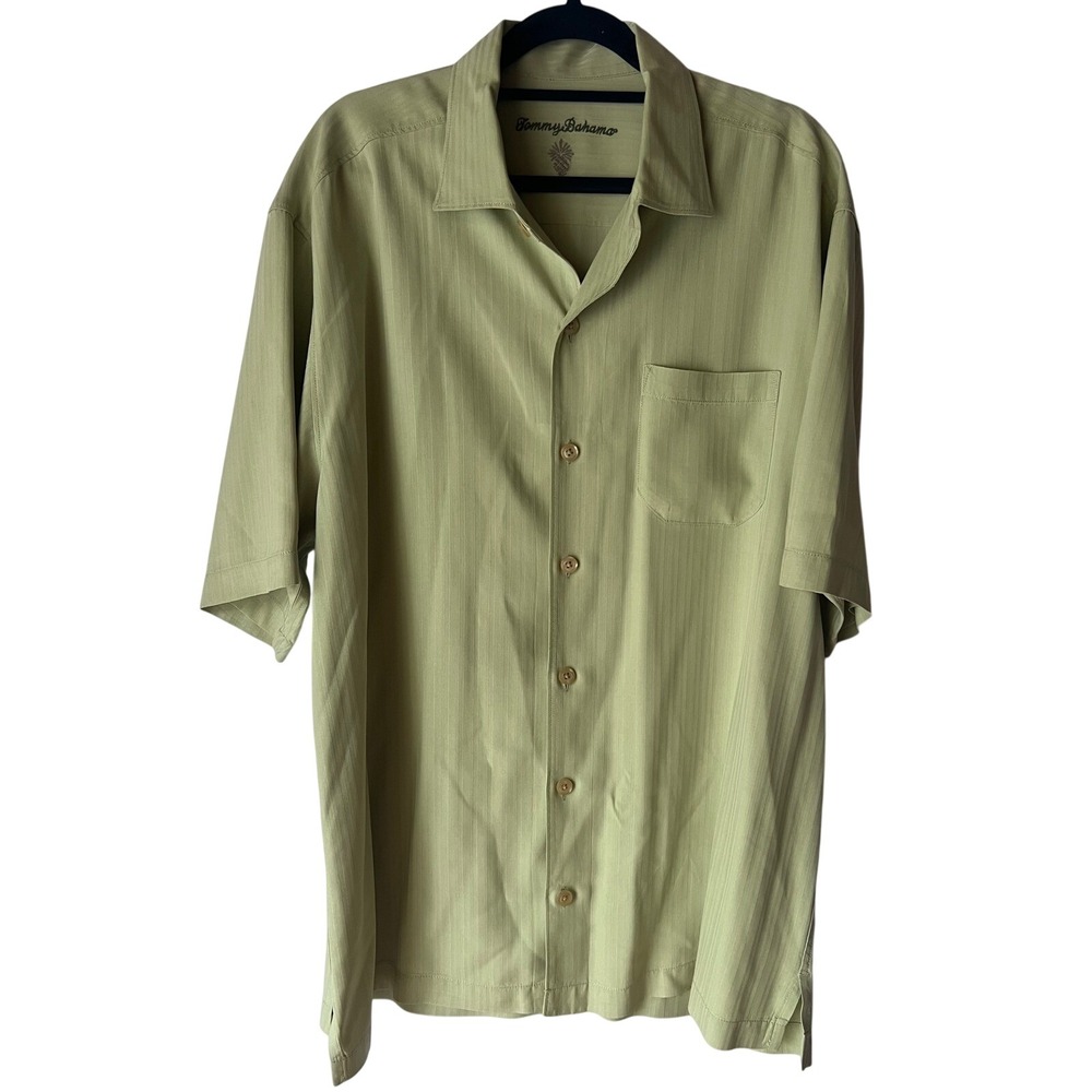 Tommy Bahama Mens Silk Short Sleeve Button Down Shirt Palm Tree Logo Green M